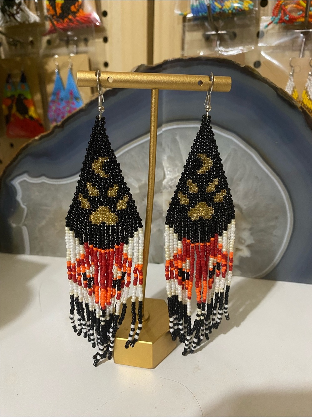 Black, Gold and Orange Beaded Fringe Earrings - Statement Women's Jewelry